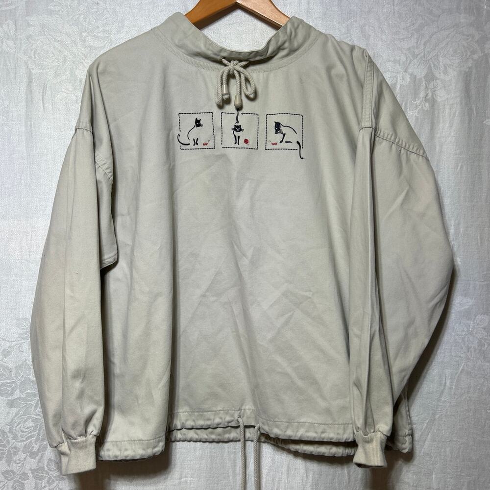 Vintage Pullover Jacket Medium Tan Embroidered Cats Drawstring Christopher Banks